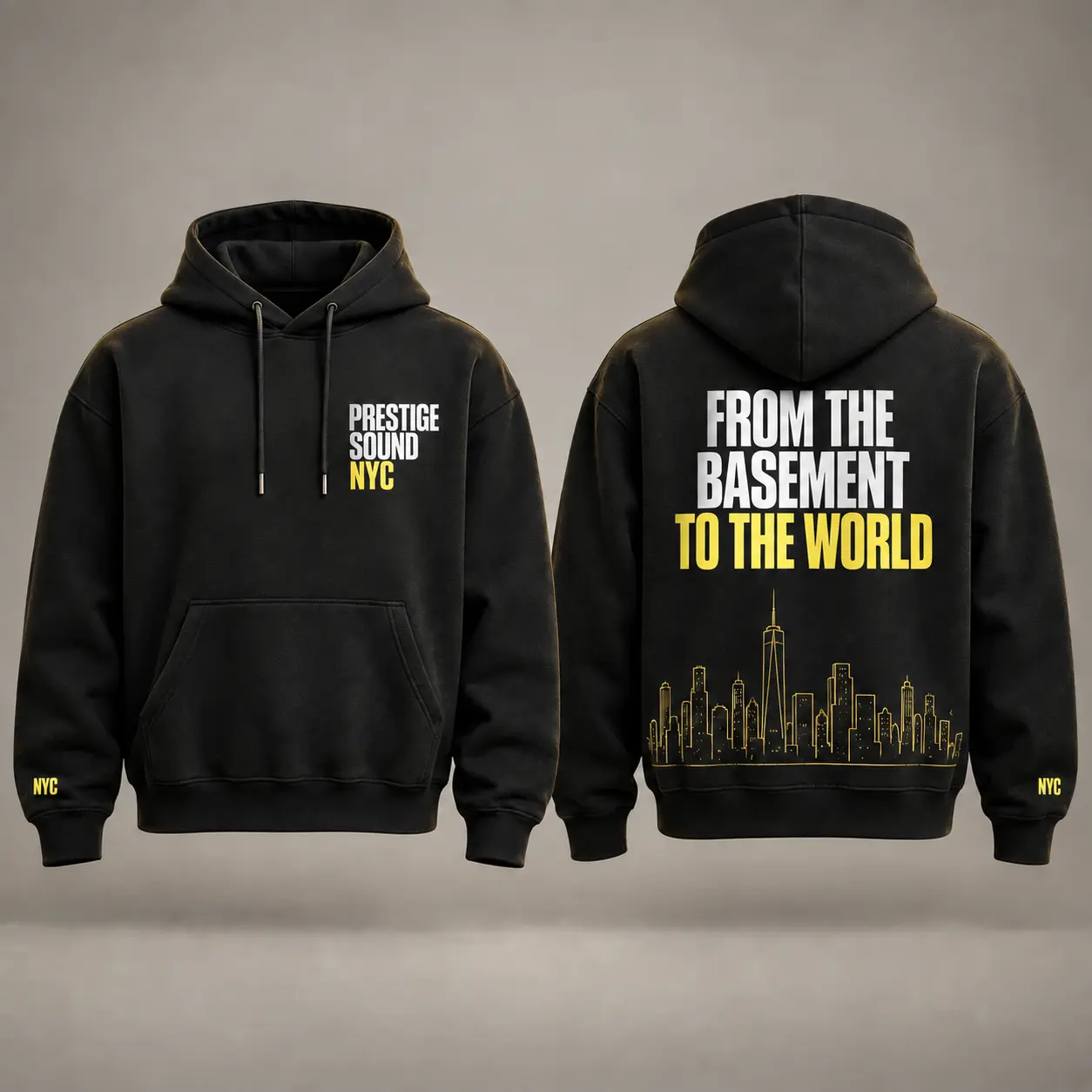 Front and back of the Prestige Sound NYC From the Basement to the World hoodie