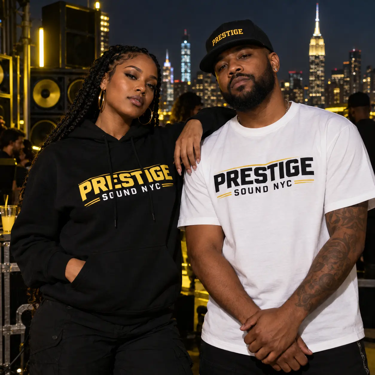 Models wearing Prestige Sound NYC merchandise